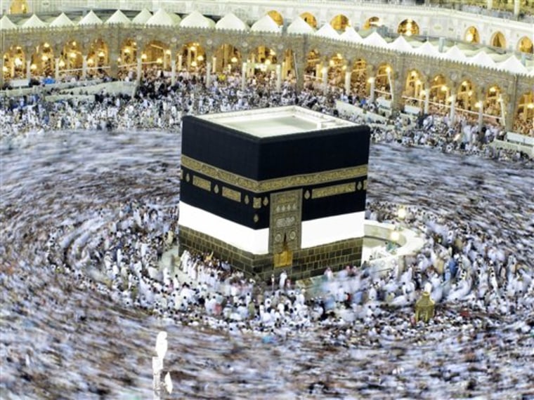 Tens of thousands of Muslim pilgrims moving around the Kaaba, the black cube seen at center, inside the Grand Mosque, during the annual Hajj in Mecca, Saudi Arabia on Saturday. The annual Islamic pilgrimage draws 2.5 million visitors each year, making it the largest yearly gathering of people in the world.